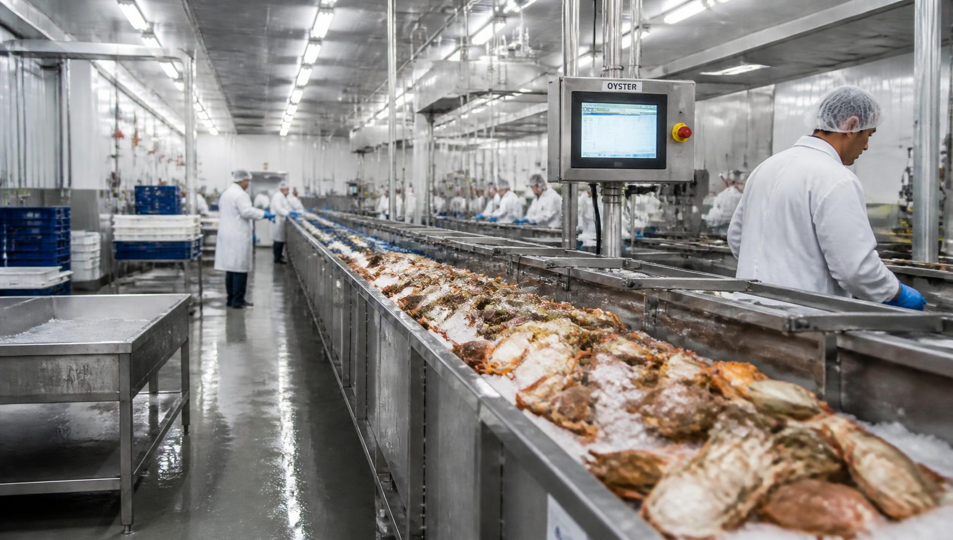 Long stainless steel seafood processing line inside a hygienic plant
